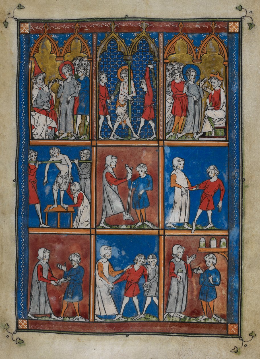 Sloane MS 1977 fol.6r Neun Miniaturen, die biblische und medizinische Szenen zeigen. Oben, Christus vor Kaiphas und Pilatus; die Geißelung. Mitte und unten, Ärzte behandeln Patienten mit Knochenbrüchen und anderen Beschwerden von French School