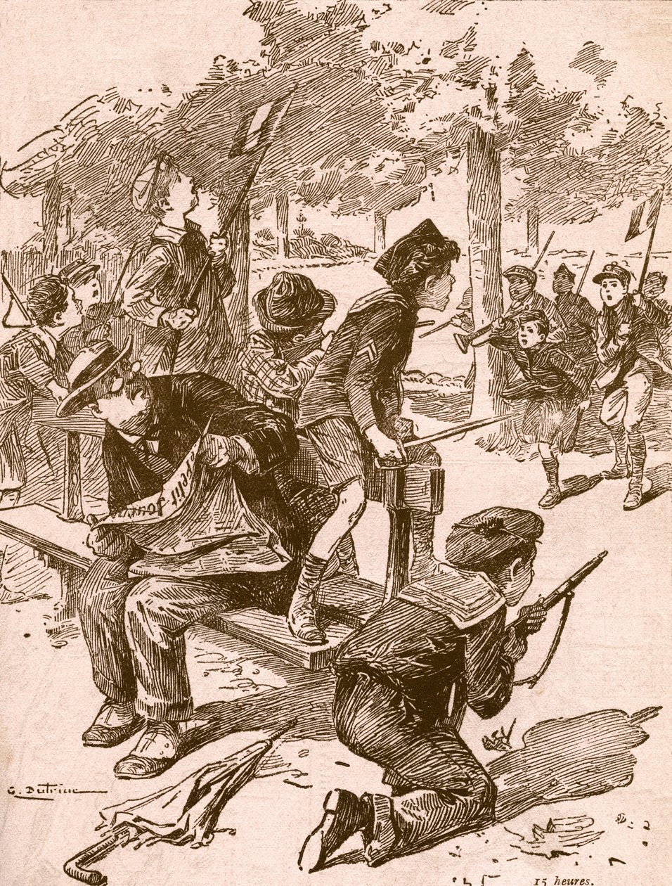 Kleine Jungen spielen Kriegsspiele in Frankreich während des Ersten Weltkriegs. Aus Agenda Buvard du Bon Marche, veröffentlicht 1917. von French School