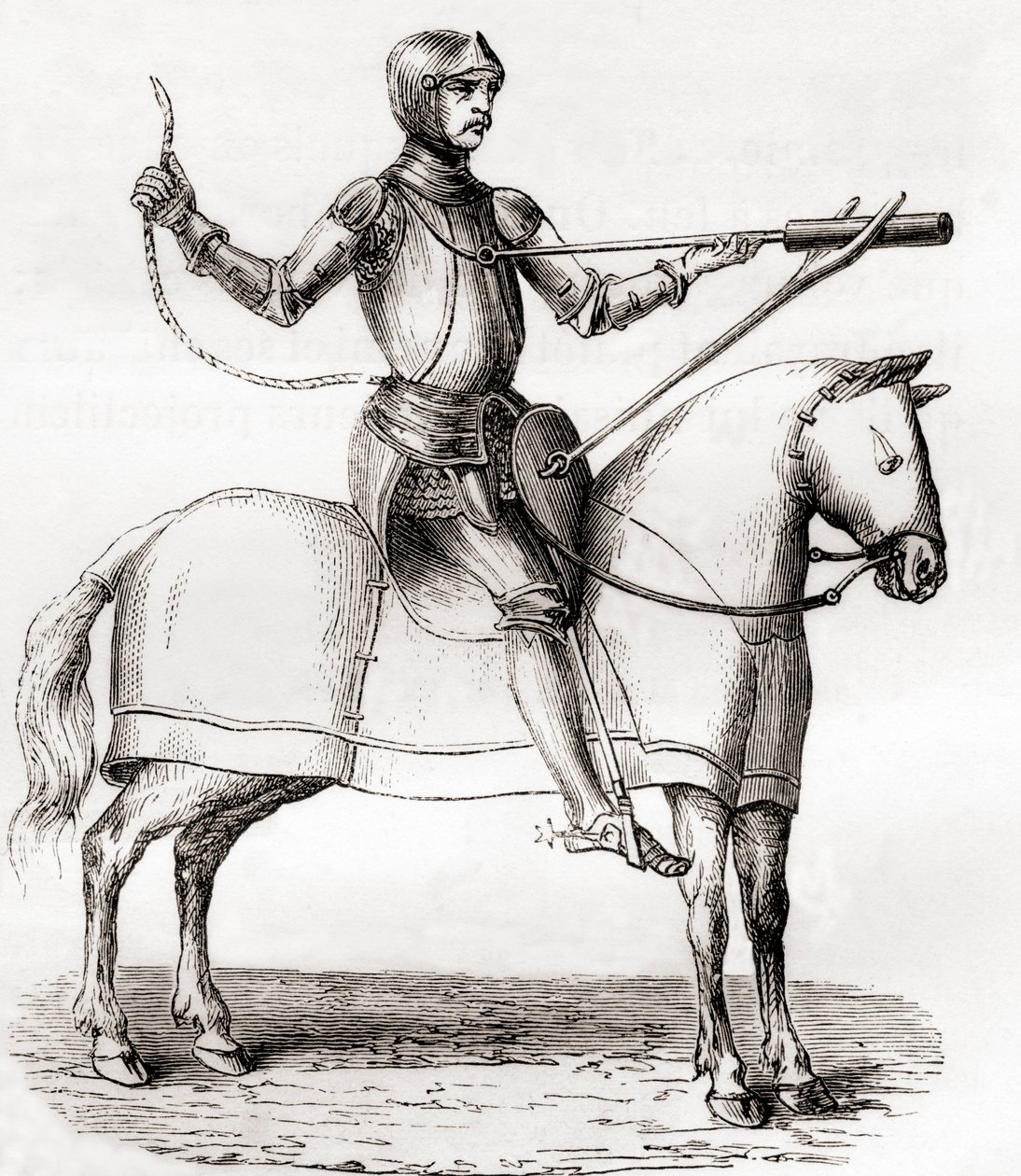 Soldat zu Pferd mit einer Handbombarde, spätes 14. und frühes 15. Jahrhundert, nach einer Zeichnung aus dem Manuskript von Marianus Jacobus, aus Les Merveilles de la Science, veröffentlicht um 1870 (Gravur) von French School