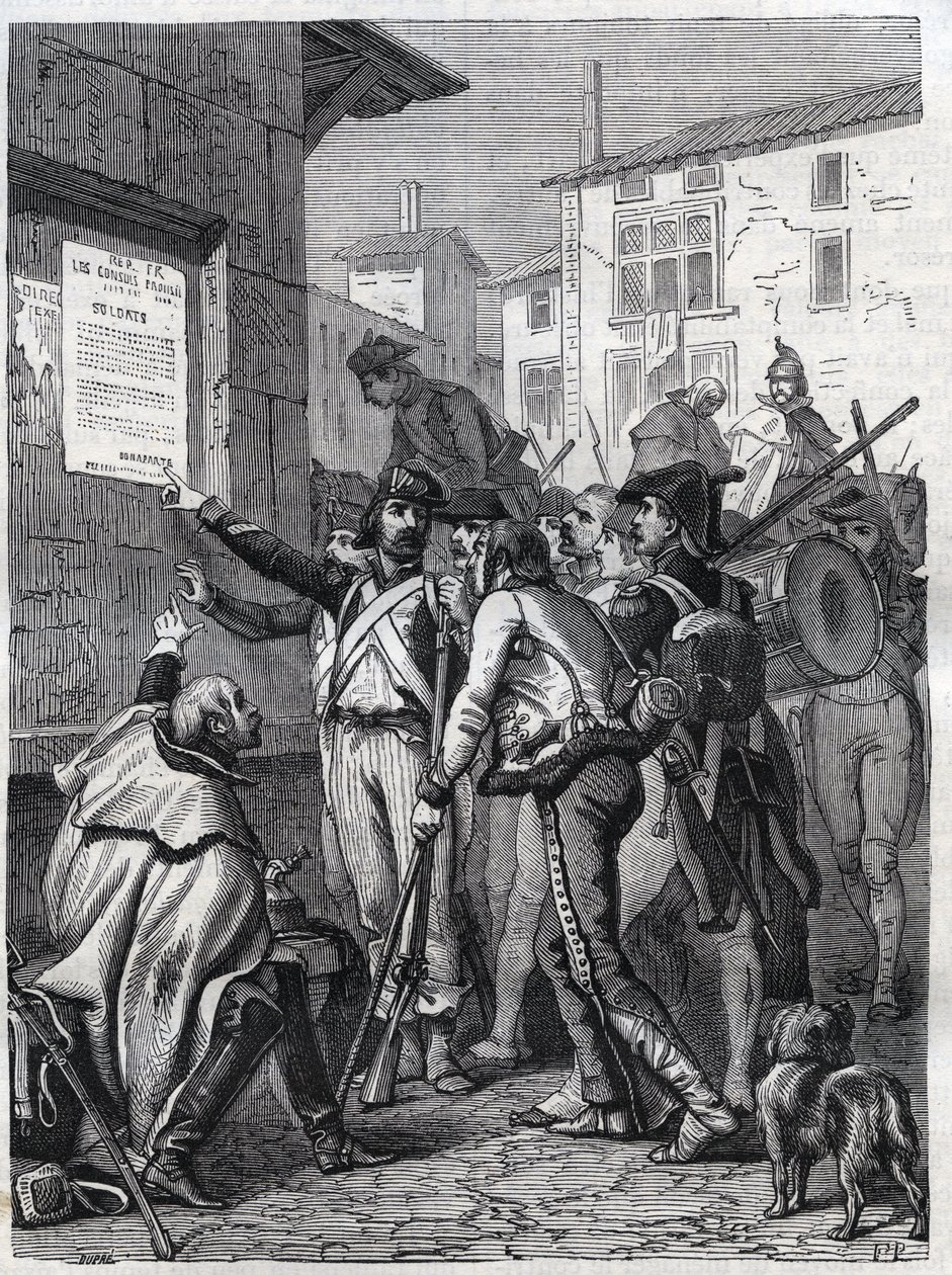 Soldaten, eure Bedürfnisse sind groß: Französische Soldaten lesen die Proklamation von General Bonaparte im November 1799 - Gravur von 1865 in „Histoire du Consulat et de l