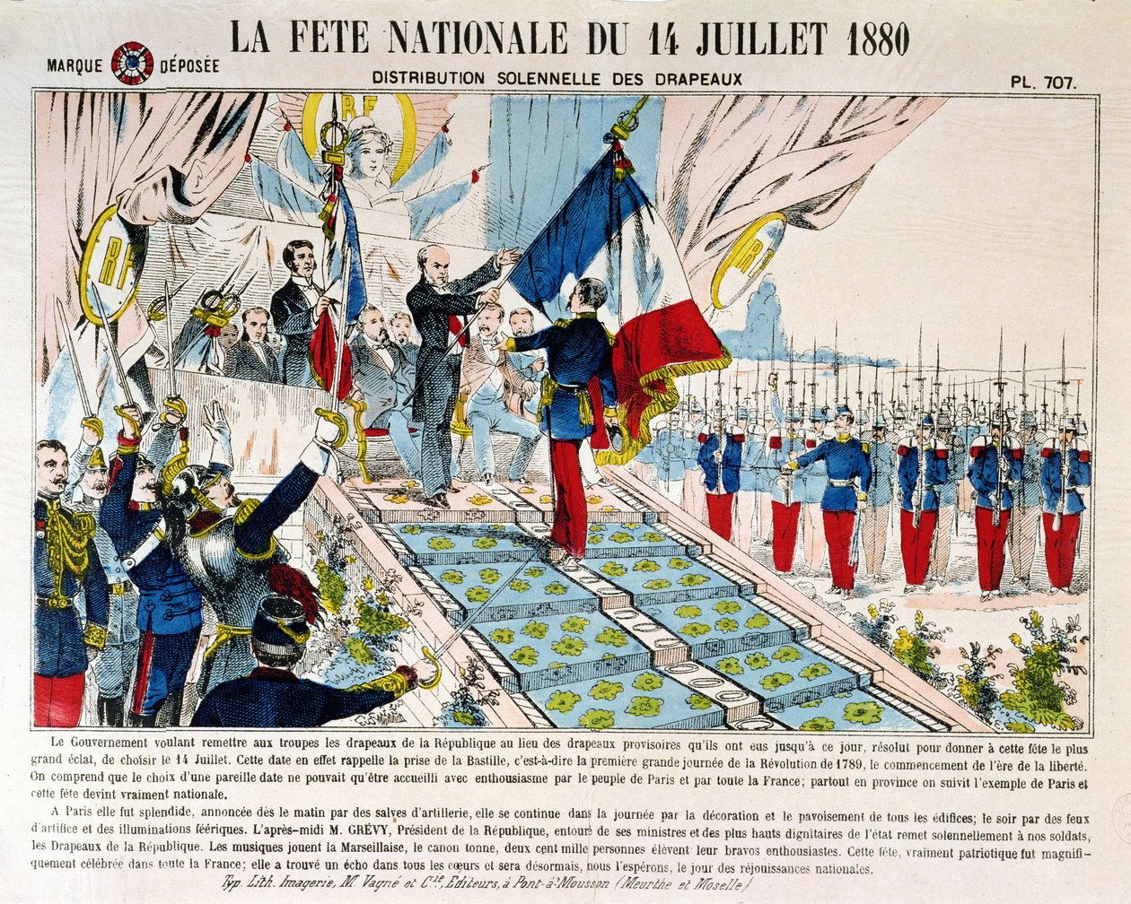 Feierliche Verteilung der Fahnen in Longchamp durch Präsident Jules Grévy (1807-91), 14. Juli 1880 von French School