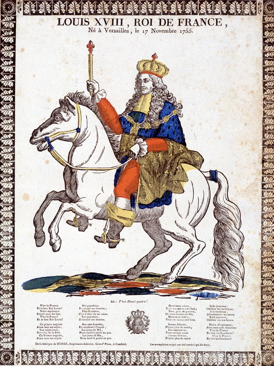 Lied zu Ehren des Königs von Frankreich Louis XVIII, illustriert durch ein Reiterporträt des Königs (Gravur) von French School