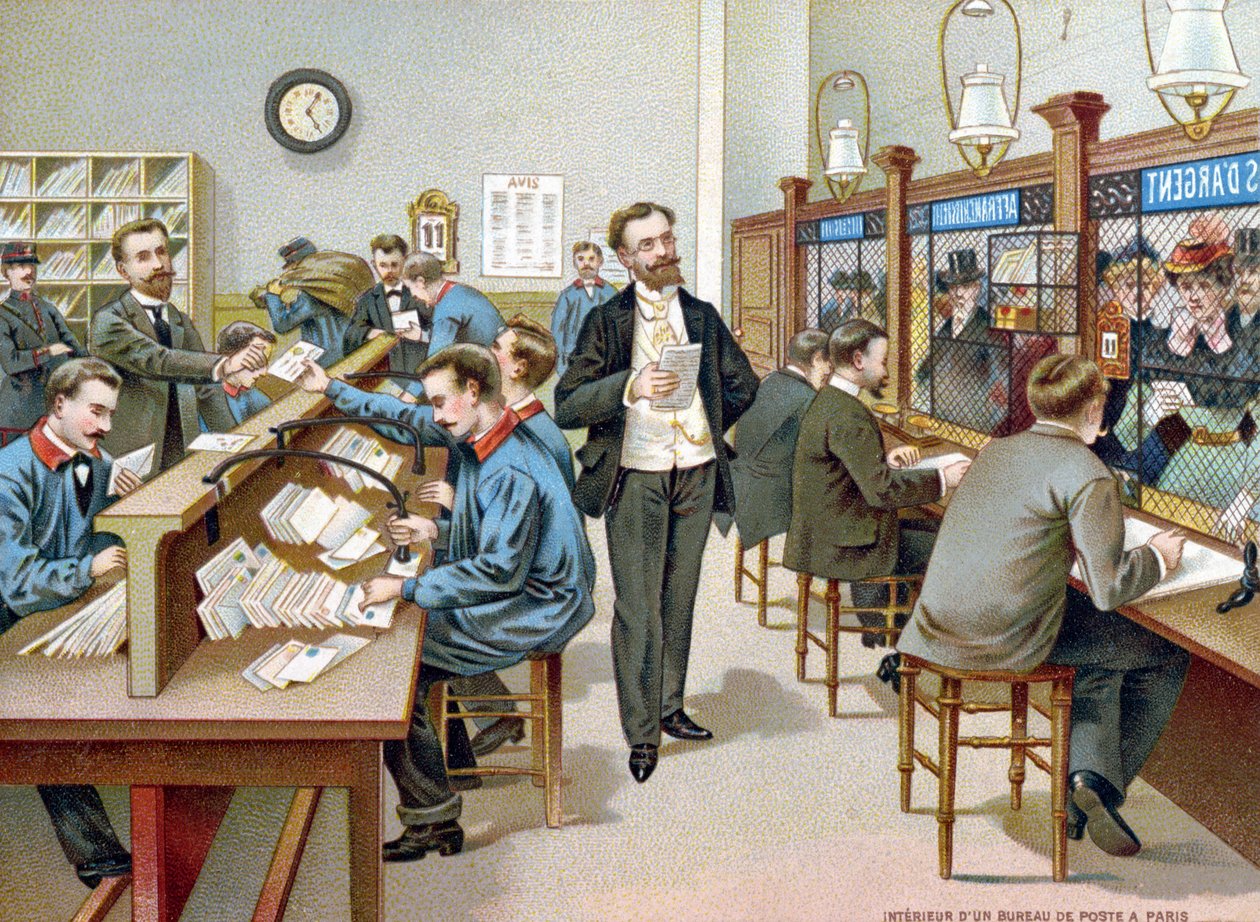 Sortierung der Post in einem Pariser Postamt, Illustration aus einem Postkalender, 1904 von French School