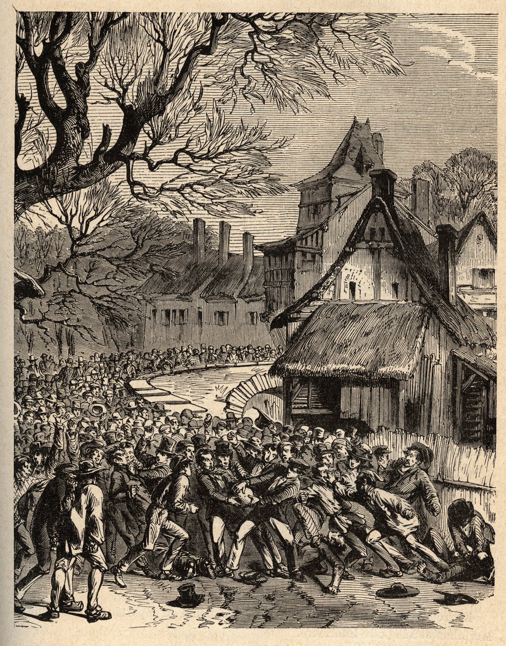 Soule-Spiel (Vorfahre des Fußballs) - (Frankreich) - Le jeu de la soule in Basse-Normandie (vermuteter Vorfahre von Fußball und Rugby) - Gravur in 