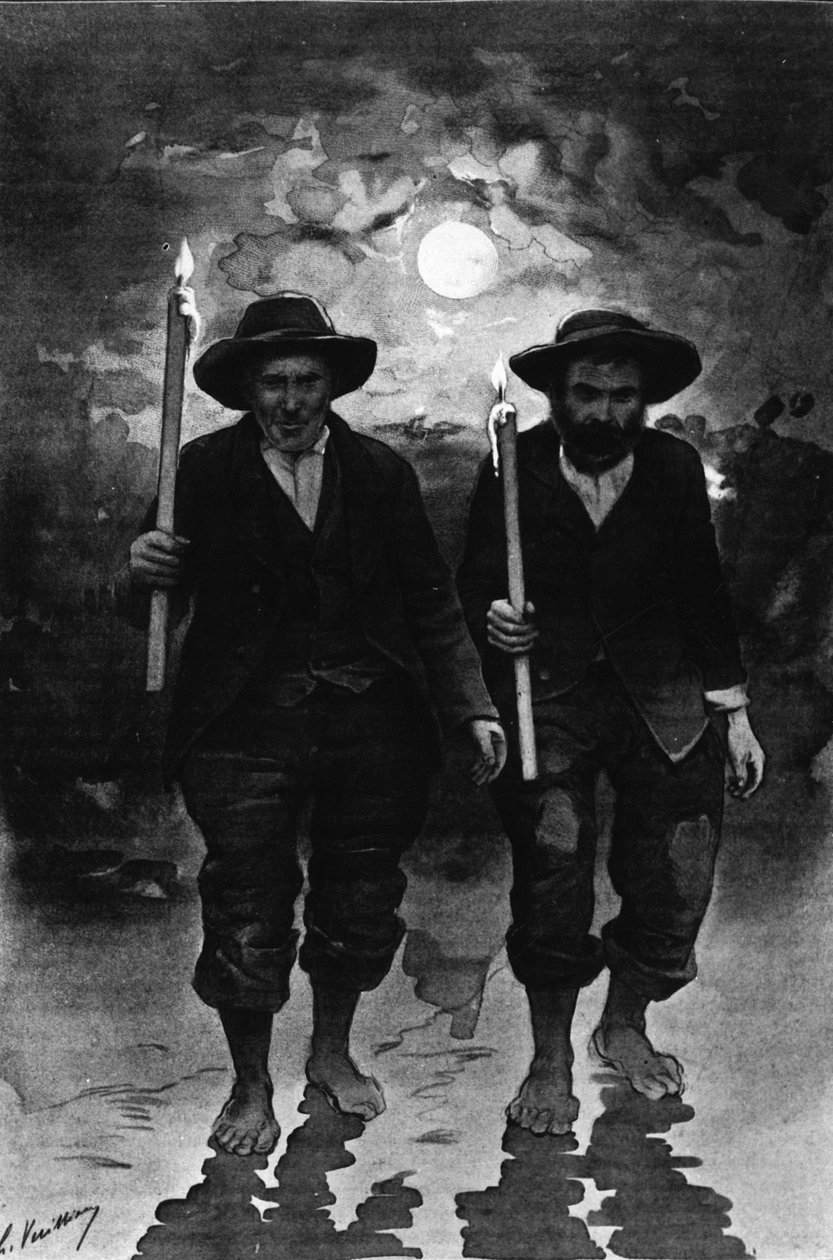 Quelle und Kranker: zwei Männer, eine Vollmondnacht, jeder hält eine Kerze und geht barfuß (Prozession?) - im „Journal des voyages“ von French School