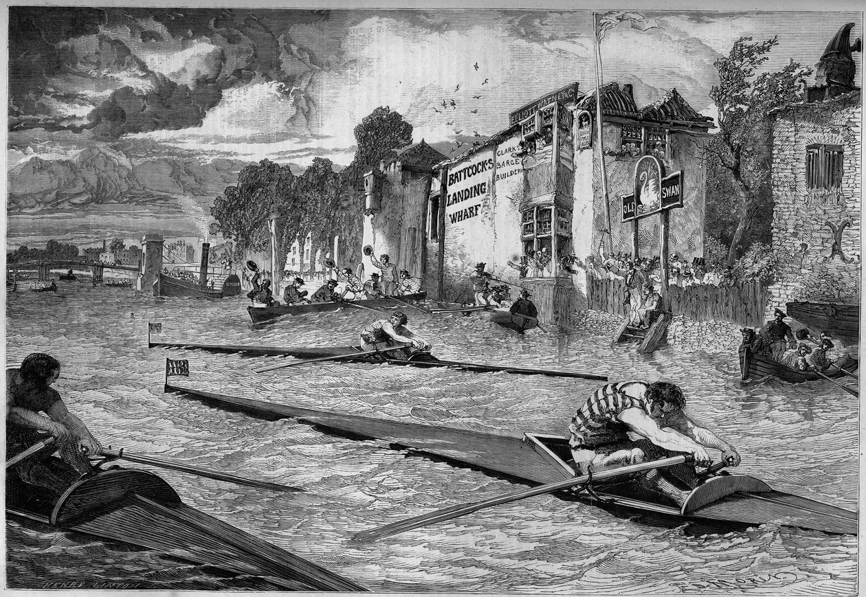 Sportwettbewerb: Kanurennen (Ausleger) auf der Themse. England von French School