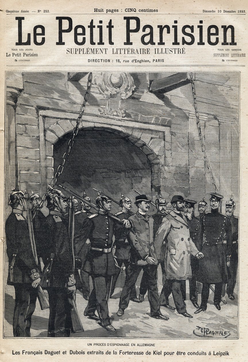 Spionageprozess in Deutschland: Die Franzosen Daguet und Dubois werden von der Festung Kiel nach Leipzig gebracht. In der Zeitung Le Petit Parisien am 10.12.1893 (Gravur) von French School