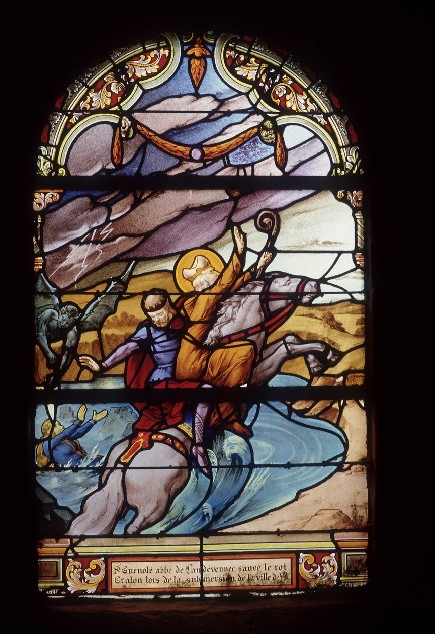 St. Guénolé, Abt von Landévennec, rettet König Gralon während der Überschwemmung der Stadt Ys - Glasfenster der St. Germain Kirche in Kerlaz von French School