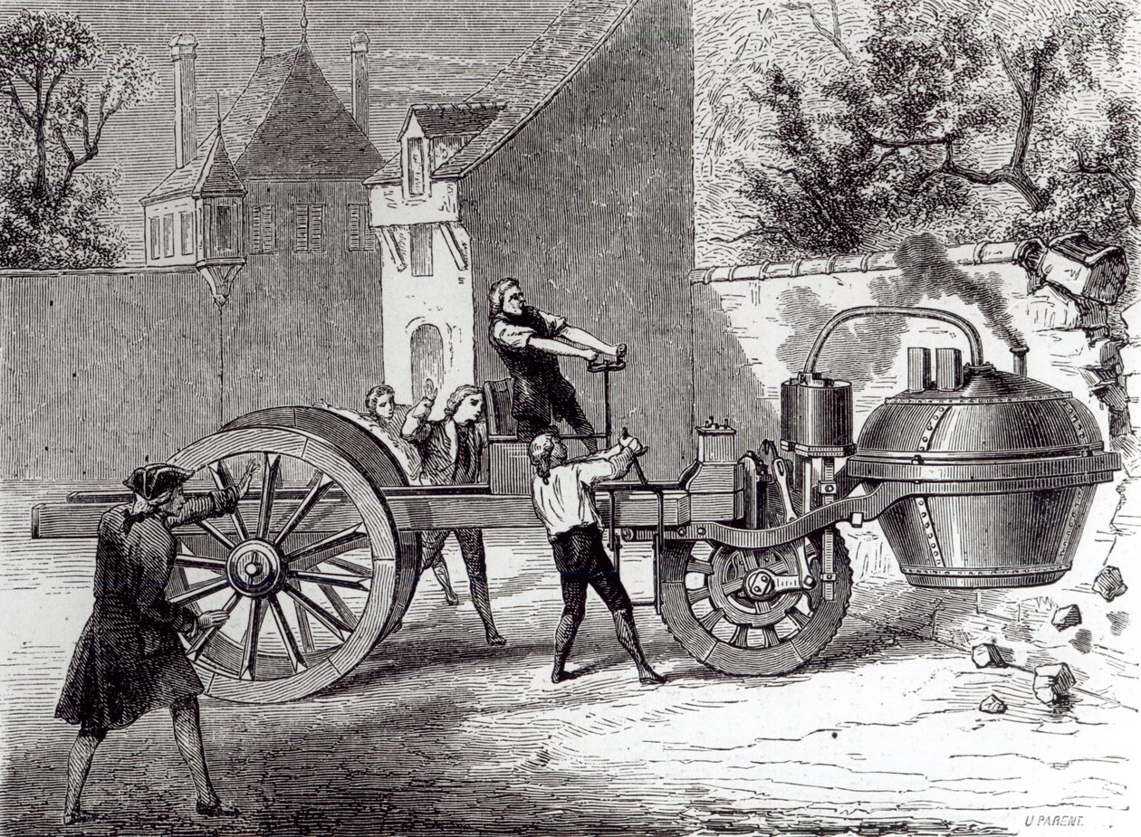 Dampfwagen, erfunden von Nicolas Joseph Cugnot (1725-1804) im Jahr 1771, 1886 von French School