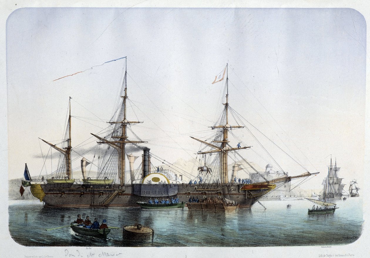Dampffregatte im Hafen von Toulon, um 1850 von French School