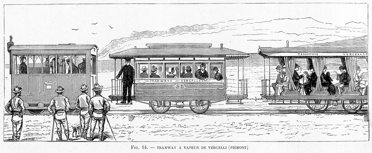 Dampfstraßenbahn von Vercelli (Piemont) - in „Die neuen Eroberungen der Wissenschaft“ von Louis Figuier von French School