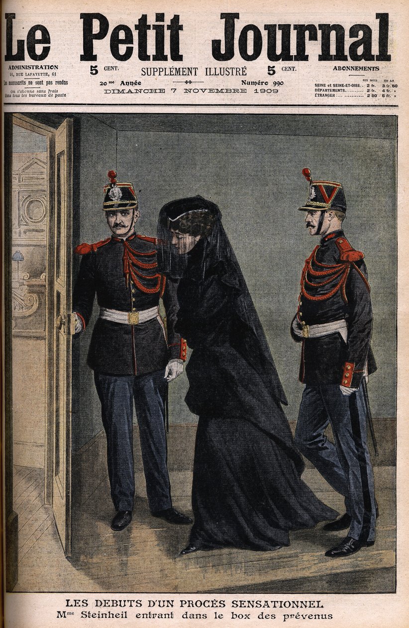 Steinheil-Fall: Marguerite Steinheil (1869-1954) betritt den Anklagekasten - Le Petit Journal, 7. November von French School