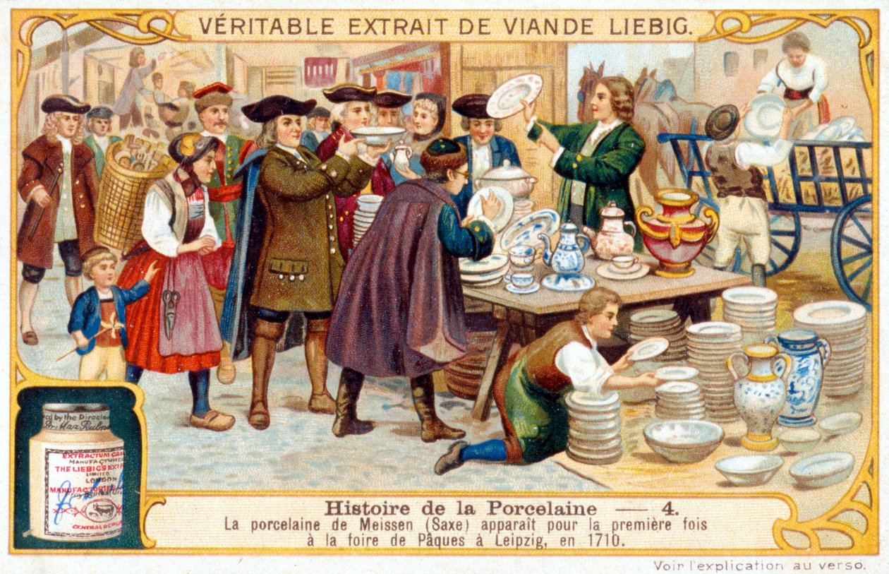 Geschichte des Porzellans Nr. 4: Meißener Porzellan (Sachsen) erschien erstmals auf der Ostermesse in Leipzig im Jahr 1710. Liébig Chromolithographie von French School
