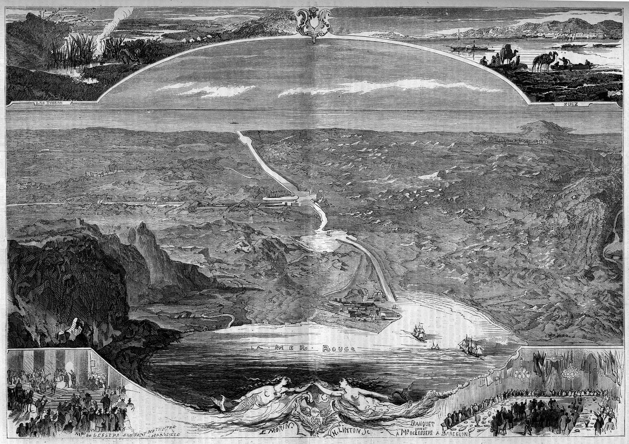 Suezkanal: Panoramablick auf das Loch im Isthmus von Suez (Ägypten), dessen Bau 1859 begann. Gravur von Morin in „Die illustrierte Welt“ Nr. 84 vom 20. November von French School