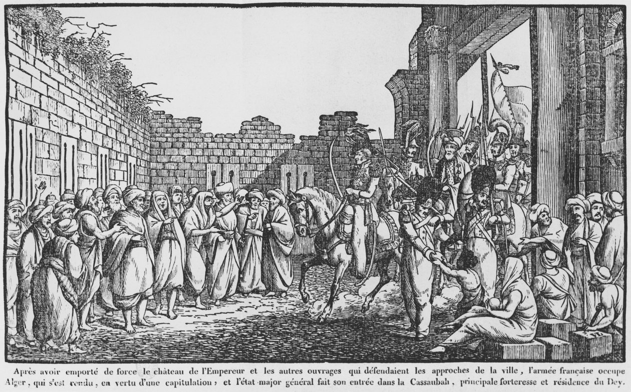 Einnahme von Algier, französische Armee betritt die Kasbah, Illustration aus einem populären Almanach, 1831 von French School
