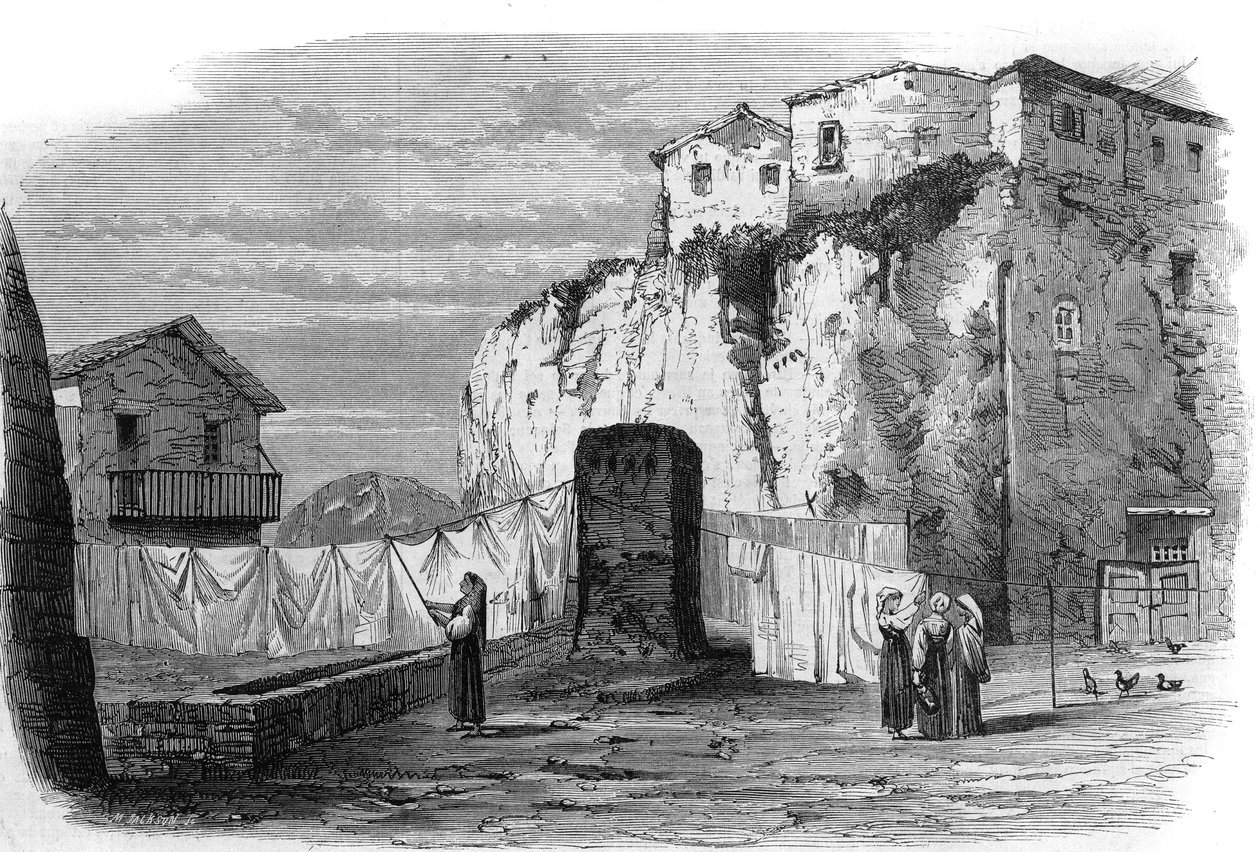 Tarpejischer Felsen nahe dem Kapitol in Rom. Hinrichtungsort bis zum Ende der Republik: Verurteilte wurden von der Klippe gestürzt. Gravur nach einer Zeichnung von M. Mariani in „Das illustrierte Universum“ von French School