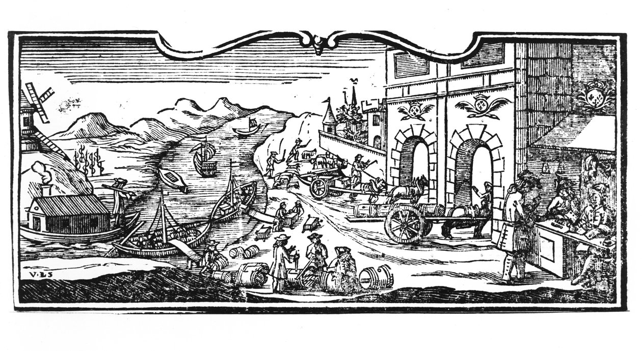 Steueramt am Stadteingang für Weine und Spirituosen, Dekret des Staatsrats vom 22. März 1707, aus den Registern des Staatsrats von Paris, 1739 (Detail) von French School