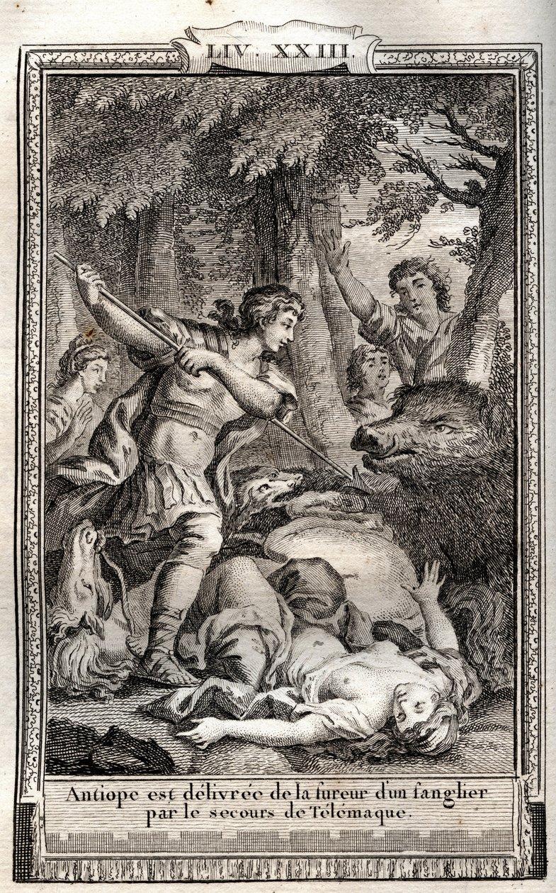 Telemachus befreit Antiope von einem Wildschwein - Gravur von 1798 von Monnet in Les Aventures de Telemaque, fils d
