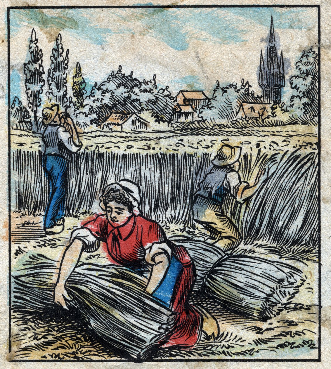Textil, Flachs: Landwirtschaft. Sammelt Leinen, das zu einem Bündel zusammengefügt wird, um zu trocknen. Gravur. Epinal-Bildgebung Ende des 19. Jahrhunderts. von French School