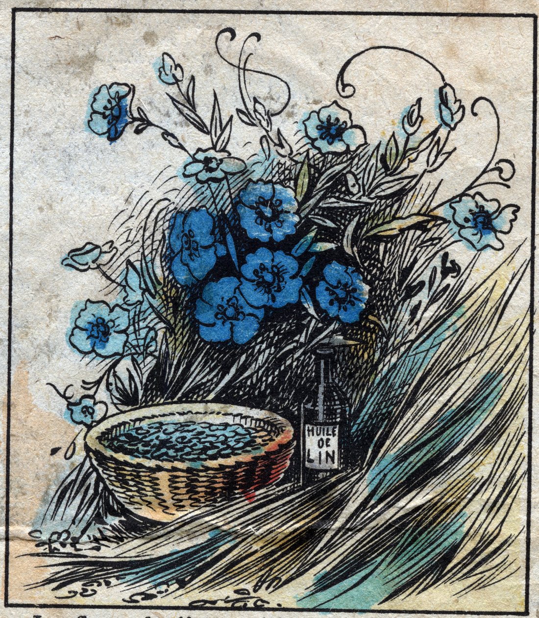 Textil, Leinen. Flachsblume (blau), Stängel aus Stroh und Filamenten zur Herstellung von Leinengarn. Samen in der Medizin verwendet und aus denen Öl für die Industrie gewonnen wird. Gravur von French School