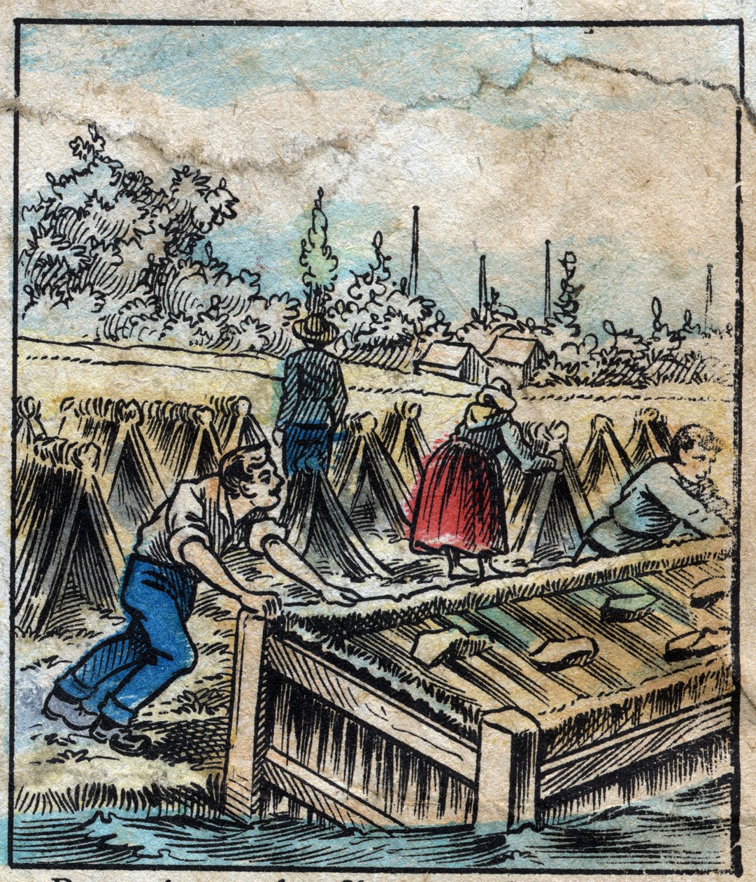 Textil, Leinen. Flachsrost: Um Strohfasern zu trennen, werden Flachsbündel ins Wasser getaucht. Gravur. Epinal-Bild Ende des 19. Jahrhunderts. von French School