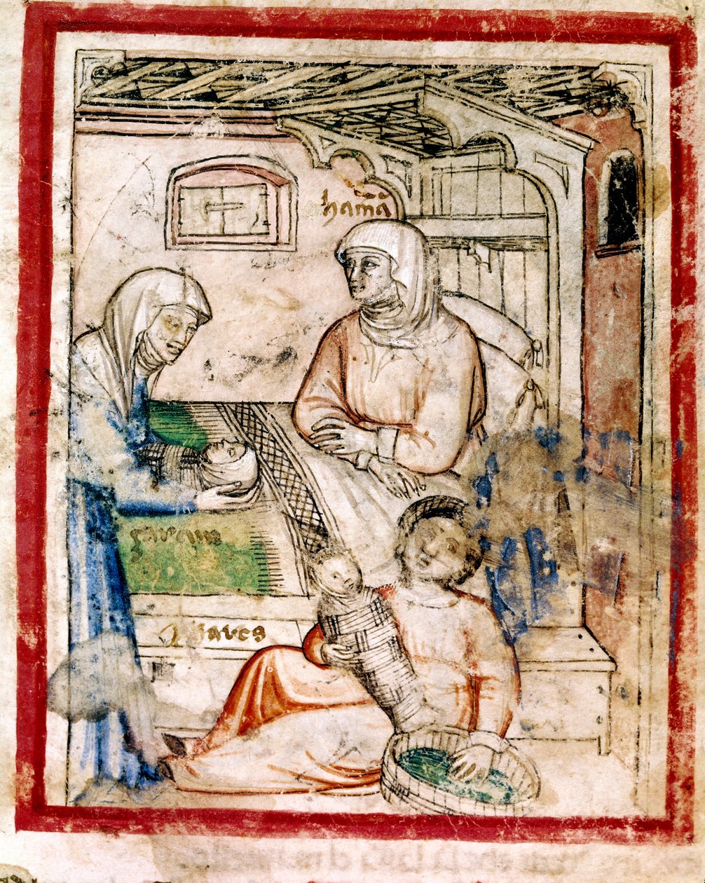 Thamar (Tamar) gebiert zwei Zwillinge, Perets und Zerah, Söhne von Juda, Miniatur aus Codex 212 (oder Padovano Codice oder Bibel von Padua), 1390-1400 von French School
