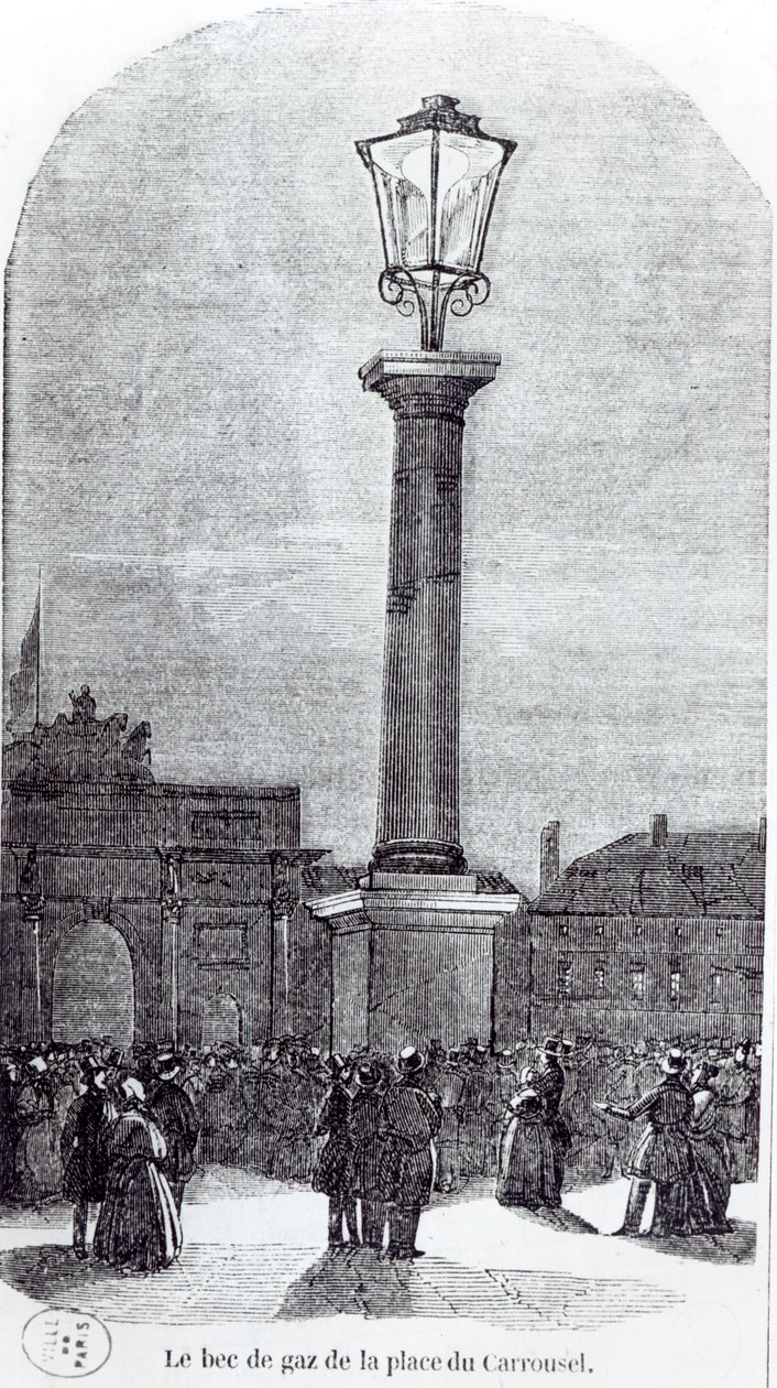 Die erste Gaslampe in Paris am Place du Carrousel im Jahr 1818 von French School