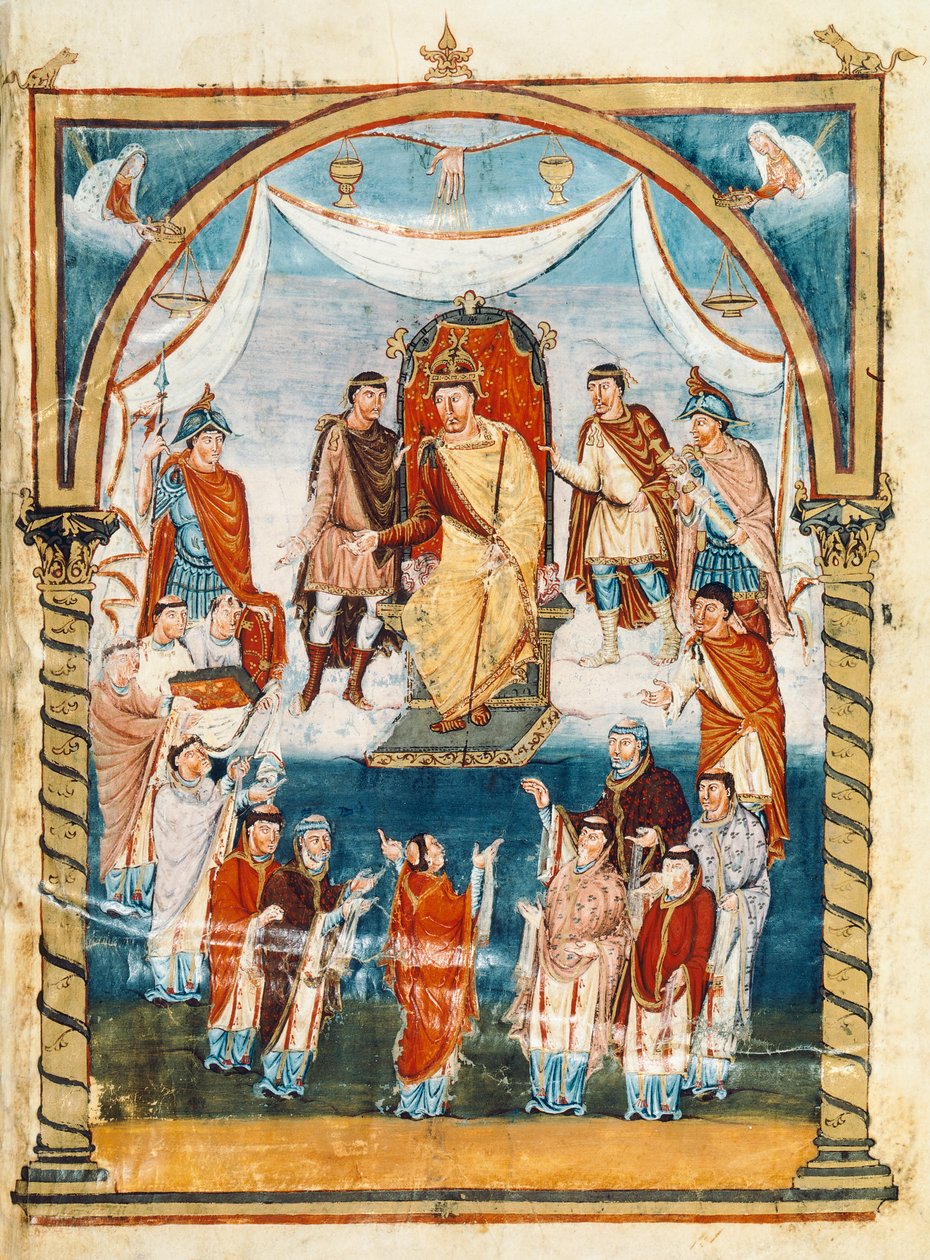 Der Abt Vivian umgeben von Mönchen des St. Martin von Tours, die das Buch Karl II. dem Kahlen präsentieren, 9. Jahrhundert (Miniatur) von French School