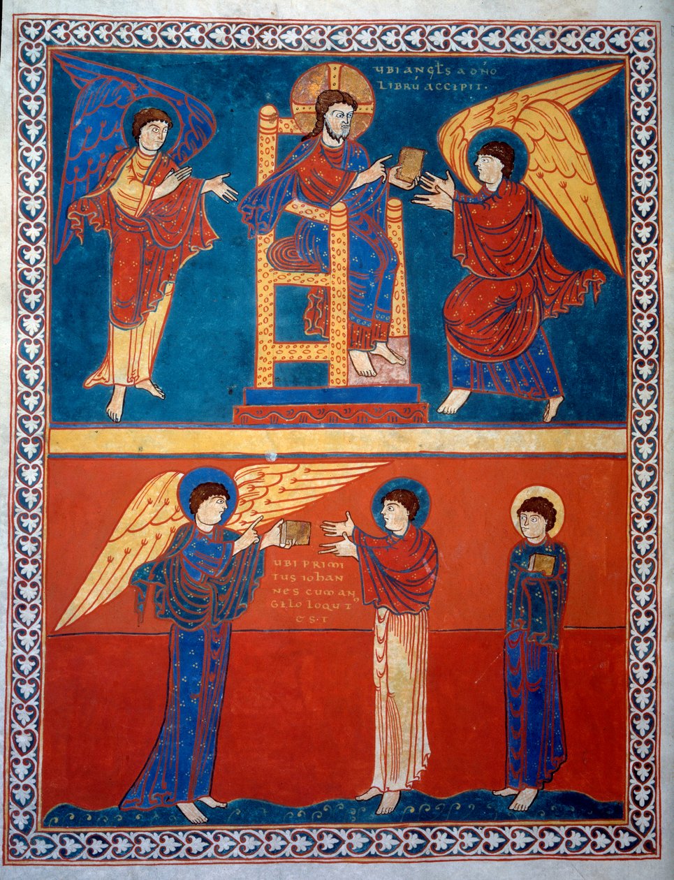 Der Engel erhielt das Buch des Herrn und übergab es dem Heiligen Johannes. Miniatur aus den Kommentaren zur „Offenbarung des Johannes“ geschrieben 775 von dem Mönch Beatus von Liébana von French School