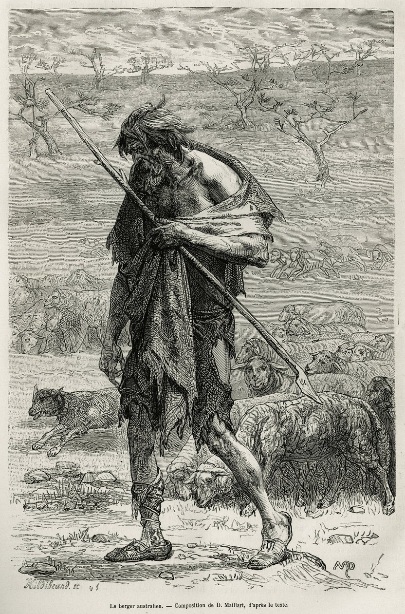 Der australische Schäfer, graviert nach einer Zeichnung von D. Maillart zur Illustration der Geschichte „Sechs Monate in Australien“ von Désiré Charnay, einer Mission des Ministeriums für öffentliche Bildung, im Jahr 1878, veröffentlicht in Le Tour du mond von French School