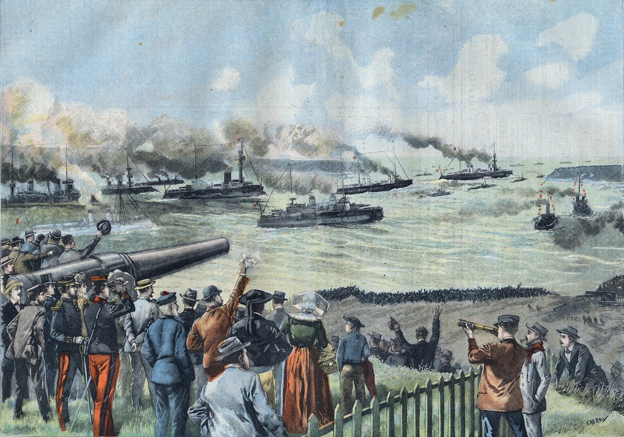 Das Baltische Geschwader verlässt den Hafen von Brest. Die Montcalm, mit dem Präsidenten der Französischen Republik Émile Loubet von French School