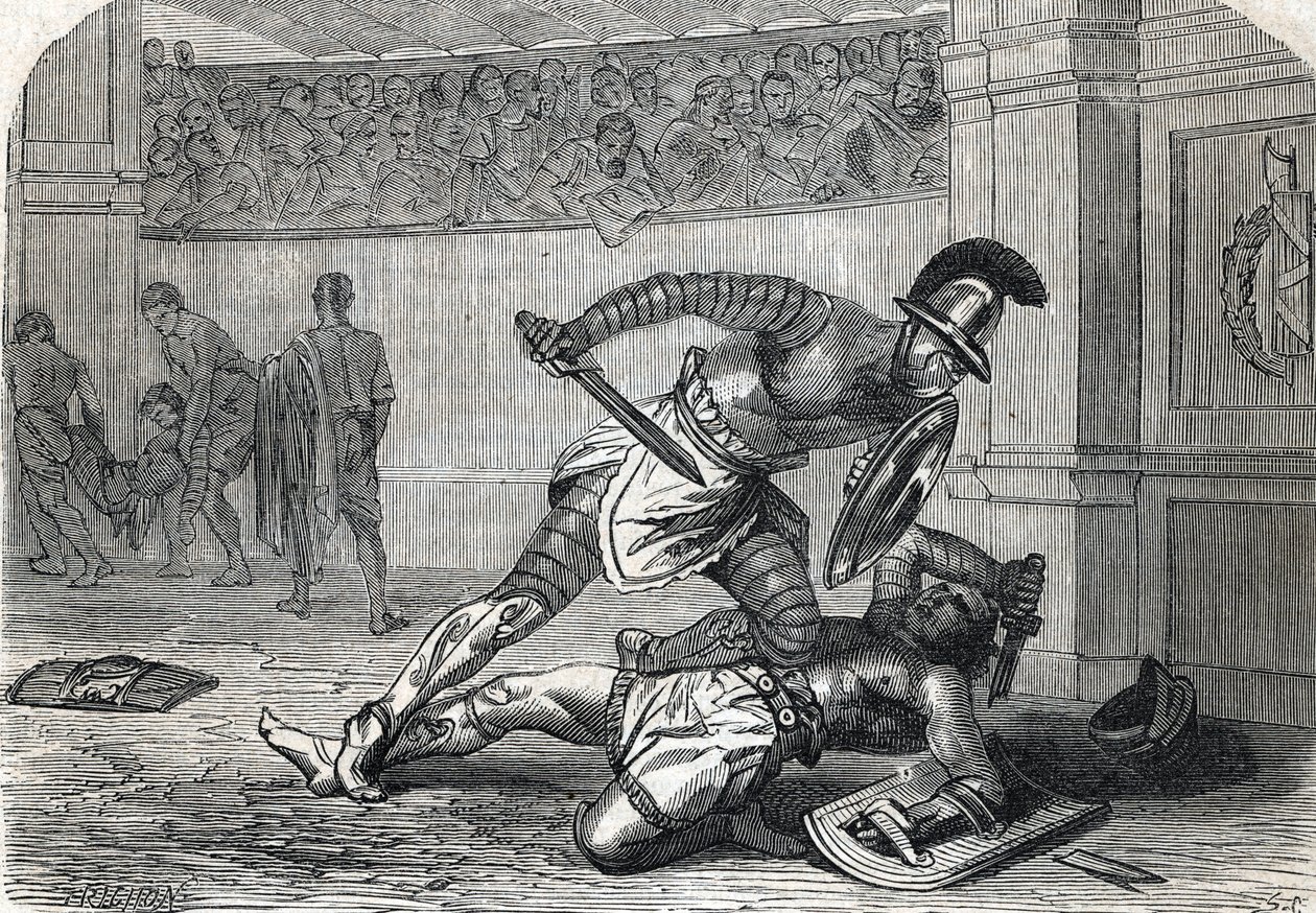 Die Schlacht der Gladiatoren in der Arena (Gravur) 1864 von French School