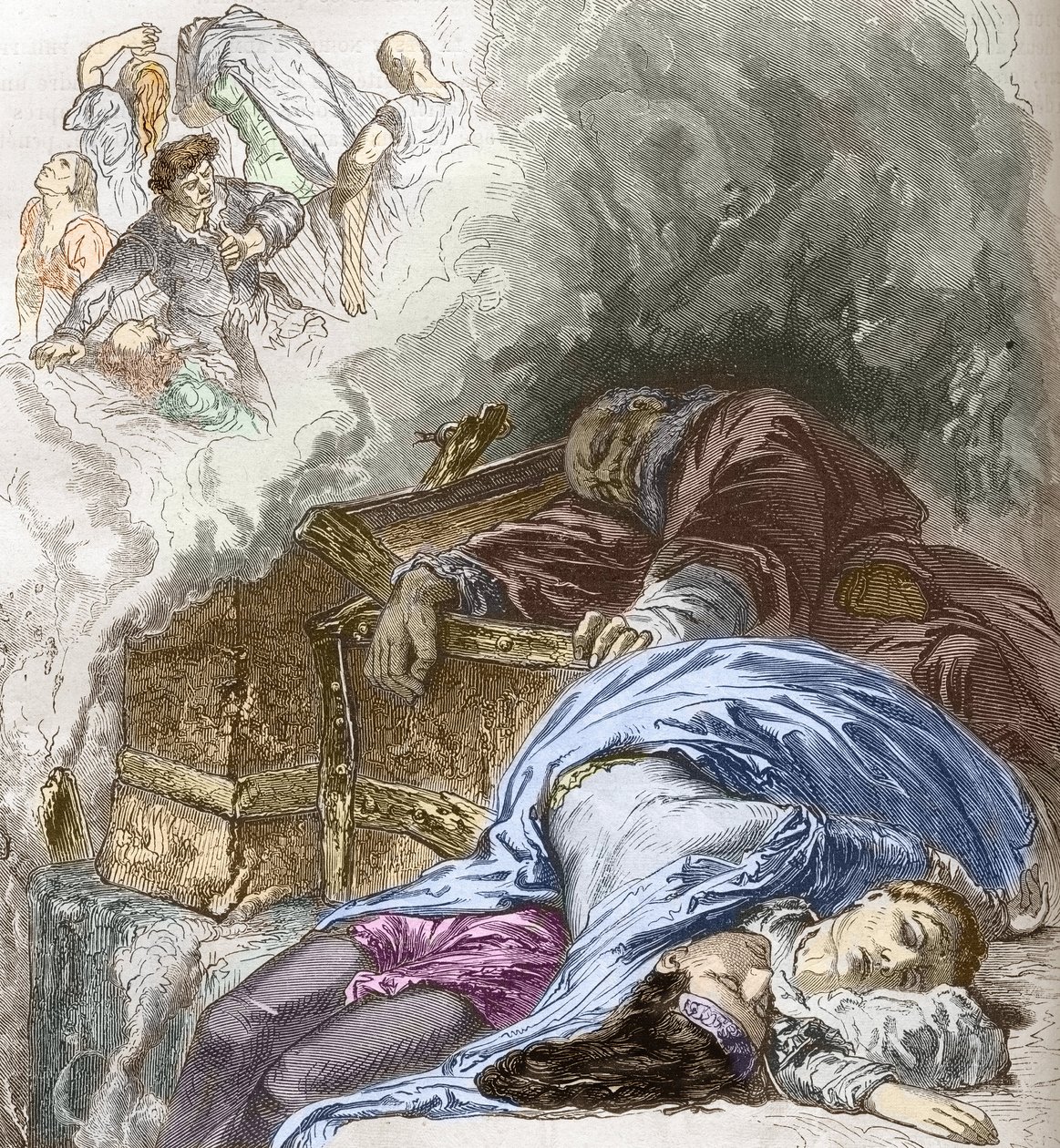 Der Schwarze Tod: Abschlachtung der Juden, 1348, Illustration aus Histoire-populaire-de-France von Charles Lahure, 1866 (handkolorierter Stich) von French School