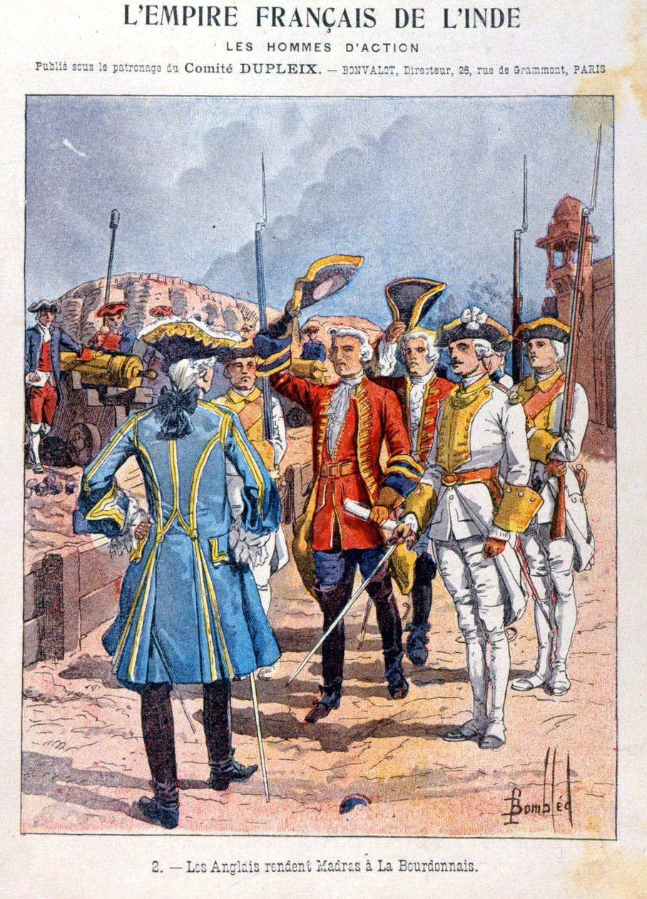 Die Briten übergeben Madras an den französischen Kommandanten Mahe de la Bourdonnais am 21. September 1746, Umschlag eines Schulheftes, um 1900 von French School