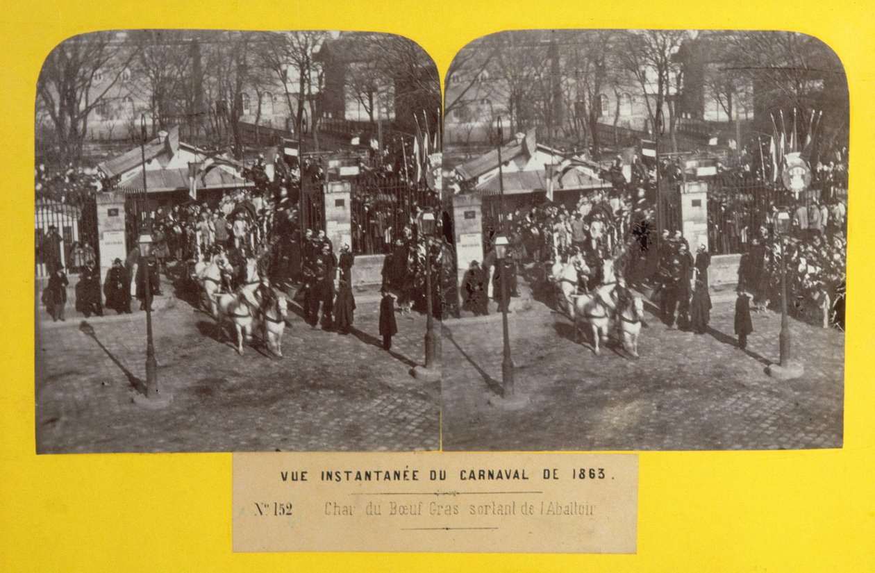 Der Karneval von 1863 in Paris, der fette Ochsenwagen verlässt den Schlachthof, stereoskopische Ansicht, 1863 von French School