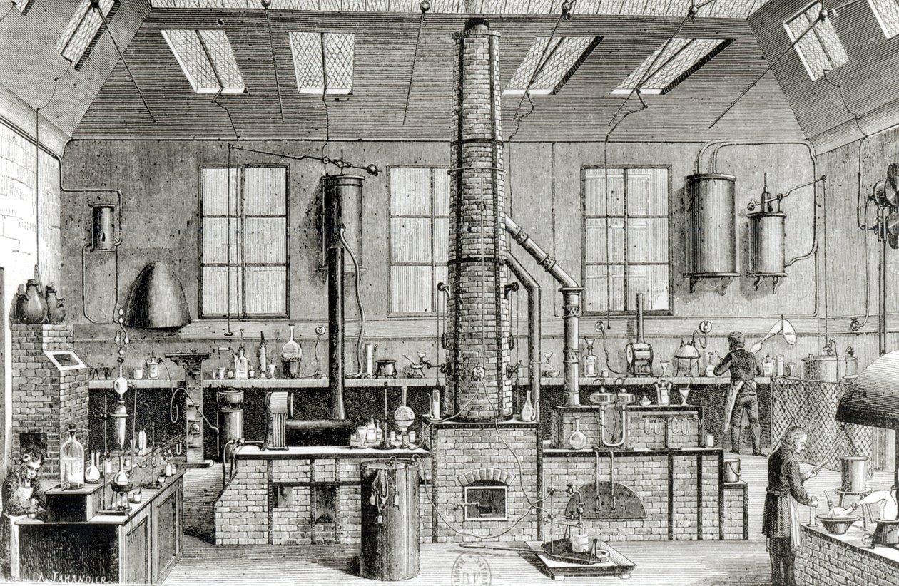 Das Chemielabor einer Schule in Paris, aus Almanach du Magasin Pittoresque, 1870 von French School