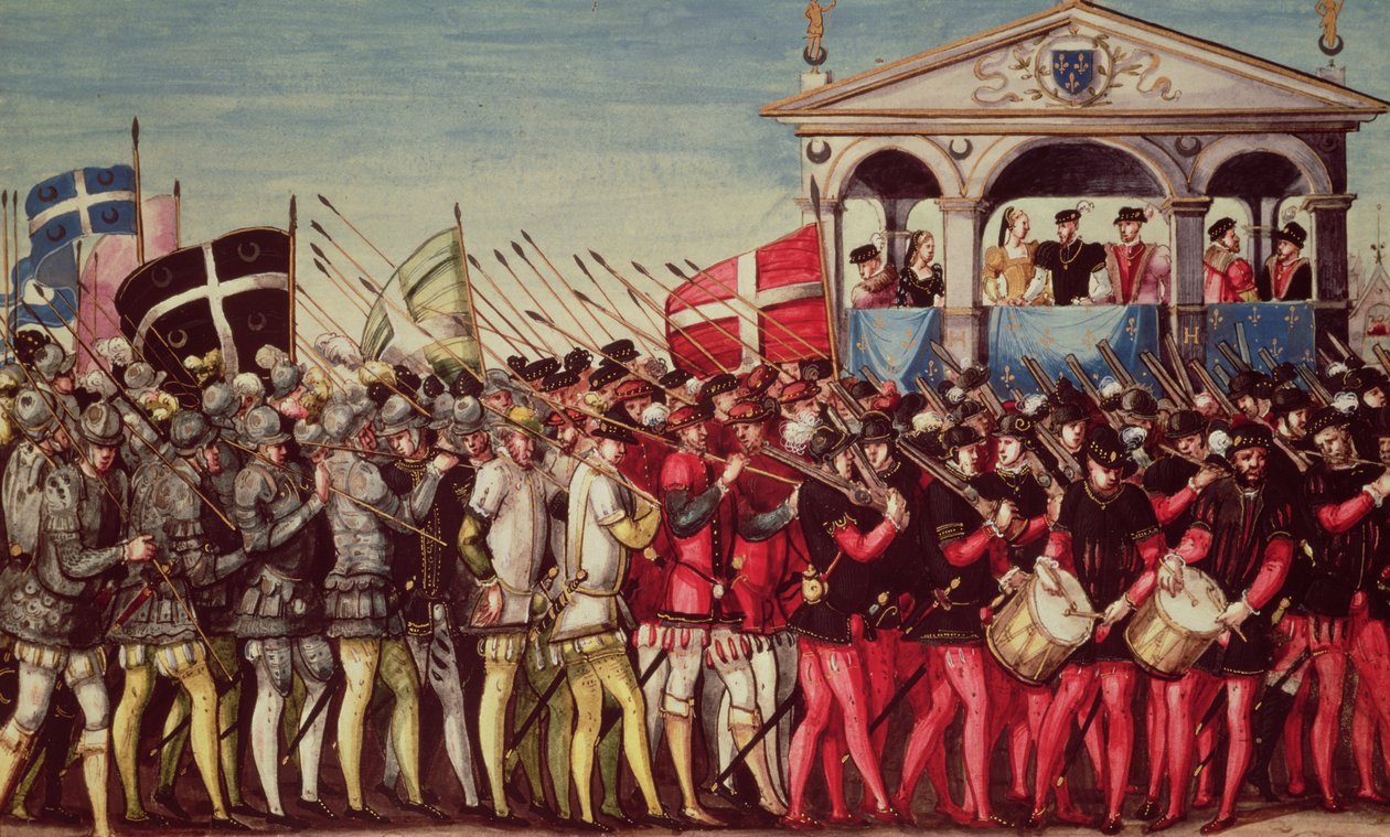 Der Zug von Trommlern und Soldaten beim königlichen Einzugsfest von Henri II. (1519-59) in Rouen, 1. Oktober 1550 von French School