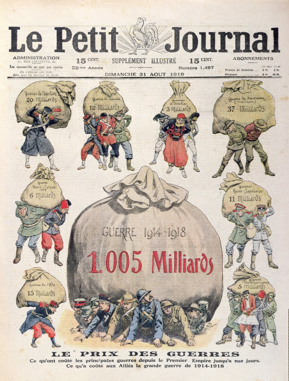 Die Kosten der Kriege von der napoleonischen Zeit bis zum 1. Weltkrieg, Titelblatt von Le Petit Journal, 31. August 1919 von French School