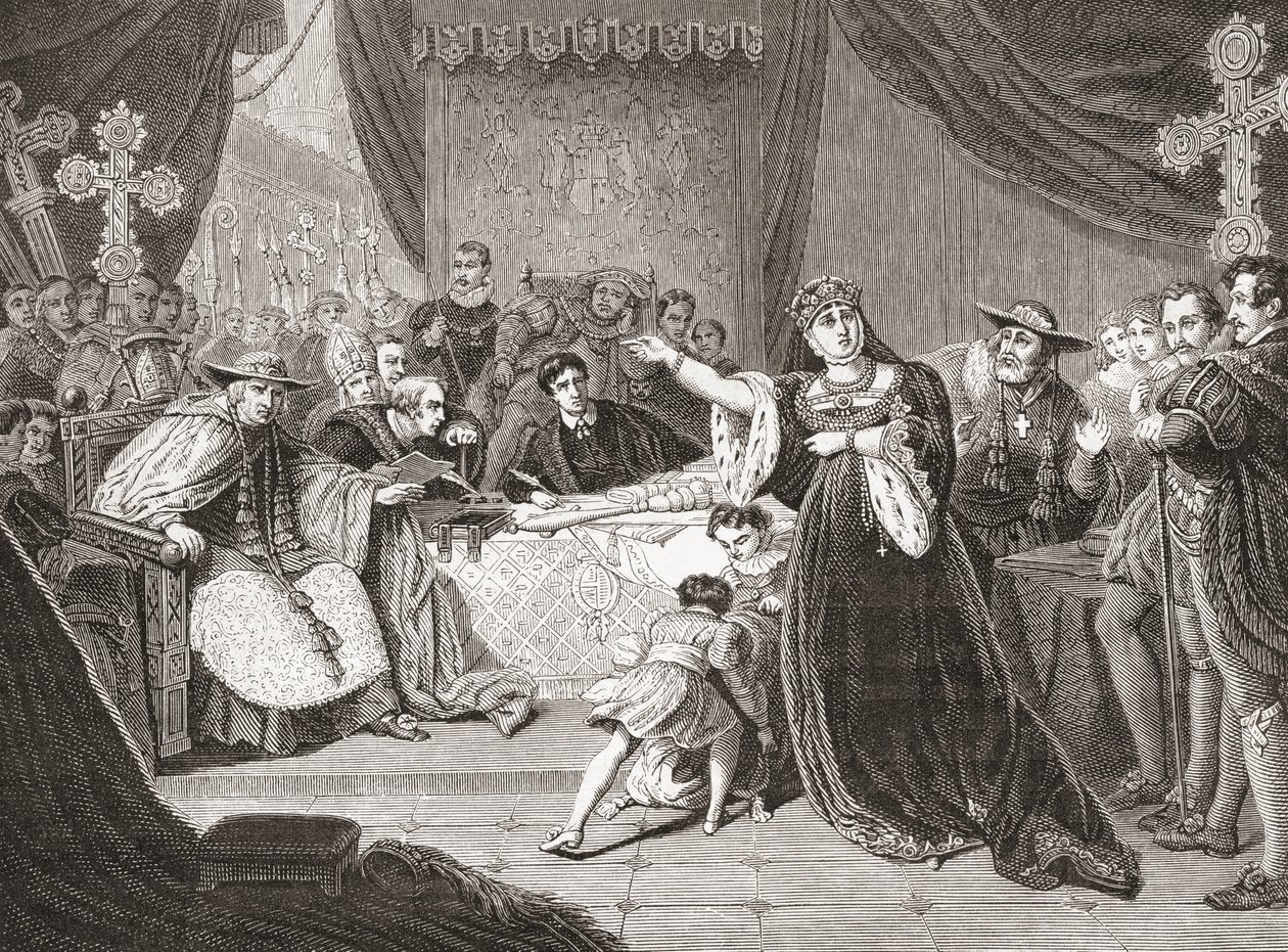 Der Gerichtshof für den Prozess von Königin Katharina von George Henry Harlow, Darstellung von Mrs. Siddons als Königin Katharina in Shakespeares Henry VIII. Aus Histoire des Peintres, École Anglaise, veröffentlicht 1867 von French School
