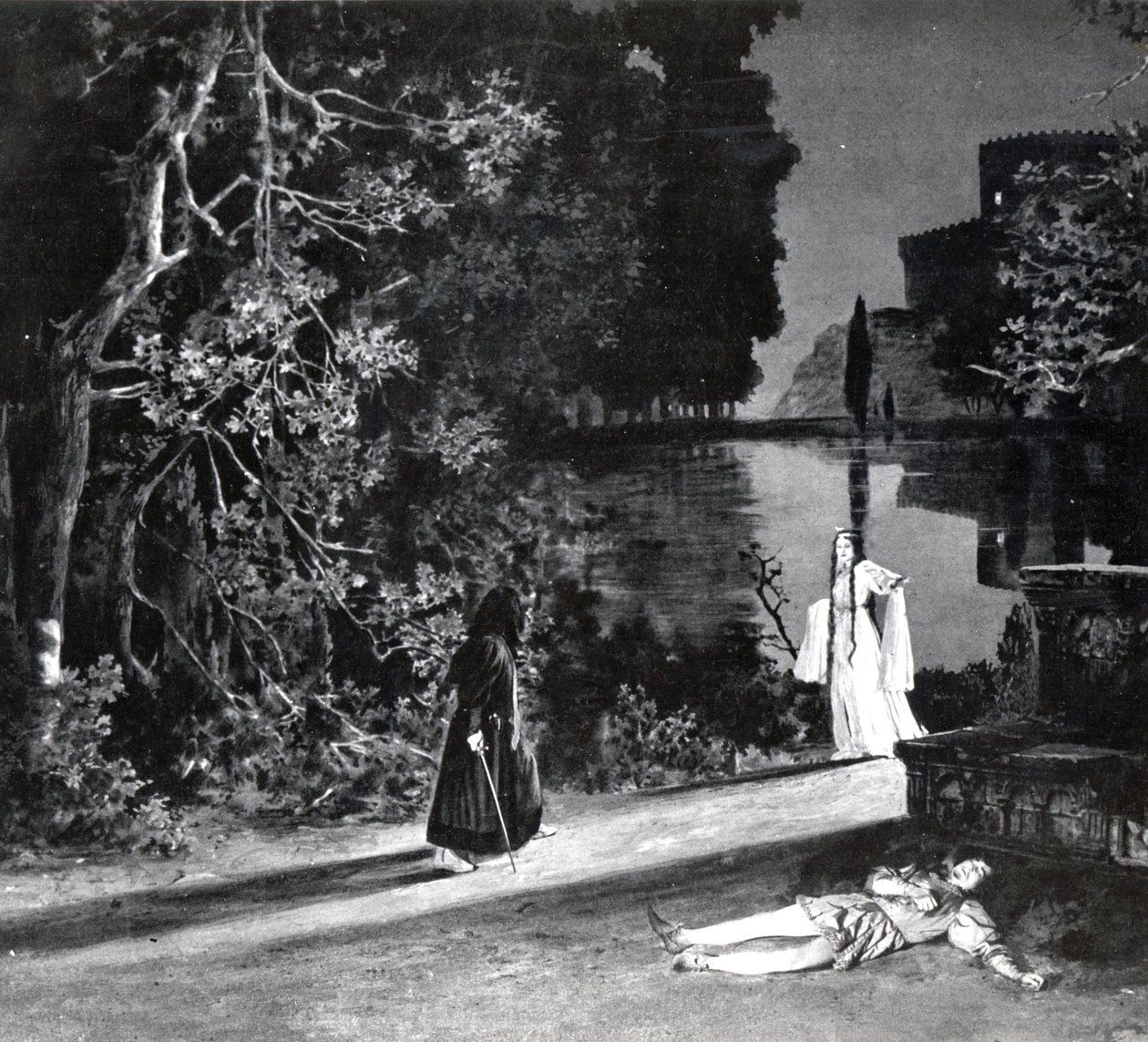 Der Tod von Pelléas, Akt IV, Szene 4 von Pelléas et Mélisande von Debussy, aus einem Foto der ersten Aufführung im April 1902 der Oper an der Opéra-Comique in Paris, Illustration in Theatre Magazine von French School