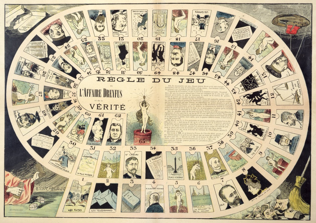 Das Dreyfus-Affäre-Spiel, mit Porträts der beteiligten Personen, späte 19. Jahrhundert von French School