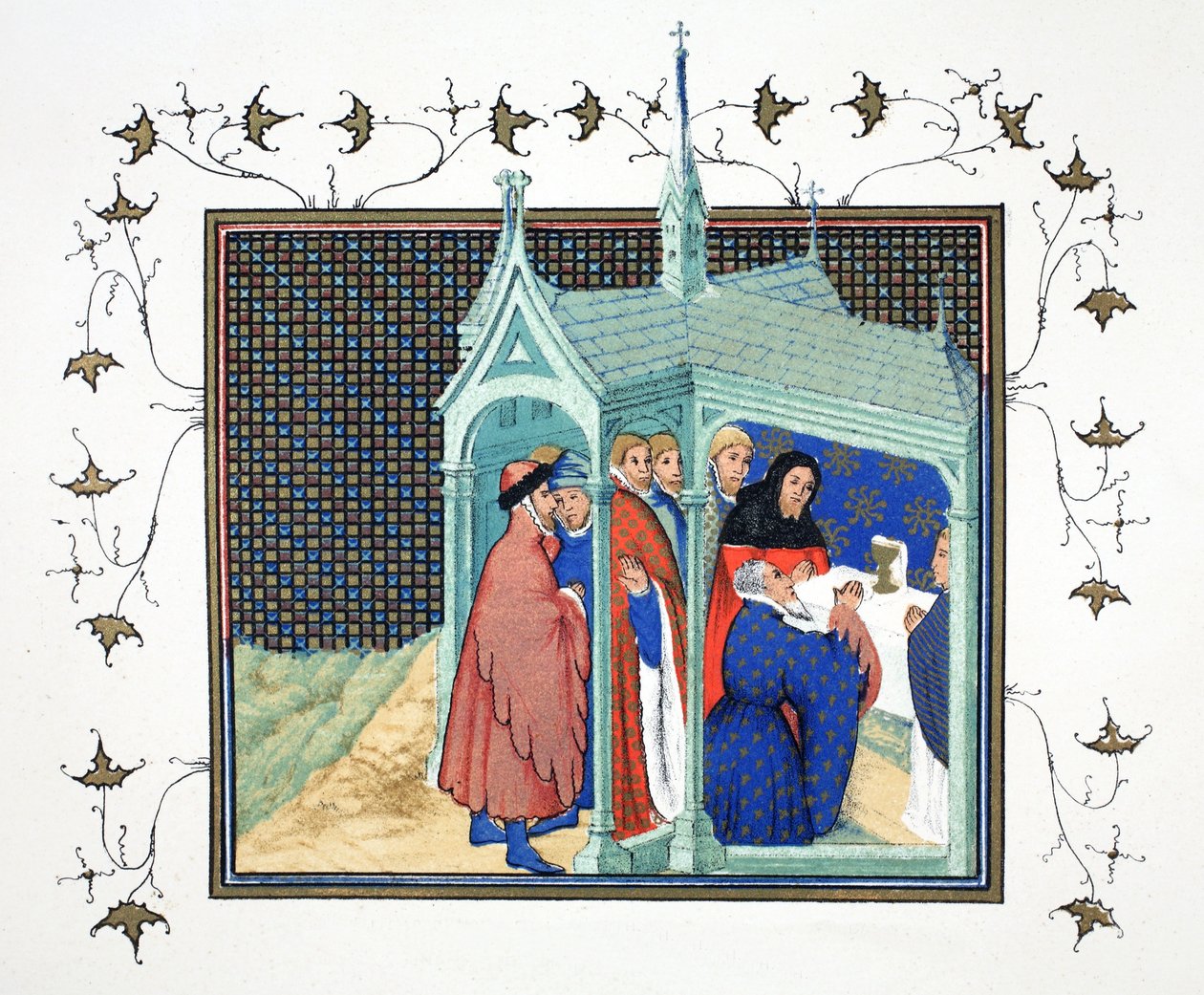 Der Graf von Northumberland bei der Hochmesse in der Kapelle von Schloss Conway, als er seinen verräterischen und tödlichen Eid ablegt, Faksimile-Kopie aus Le Prinse et Mort du Roy Richart von Jean Creton, nachgedruckt im 19. Jahrhundert von French School