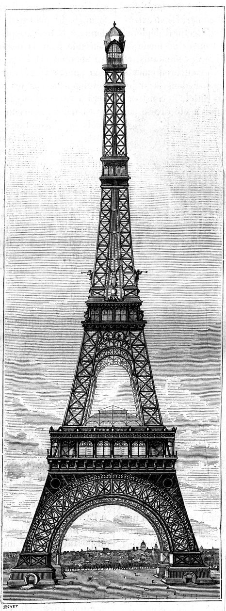 Der Eiffelturm, 300 Meter hoher Turm für die Weltausstellung 1889 in Paris, von Ingenieur und Industriellen Gustave Eiffel. Gravur in „La Nature. Revue des sciences et de ses applications aux arts et à l
