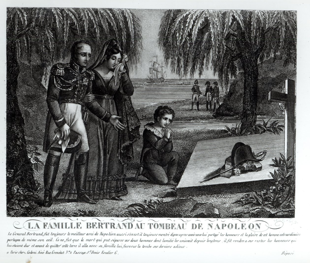 Die Familie von General Henri-Gratien Bertrand (1773-1844) am Grab von Napoleon Bonaparte (1769-1821) 1821 (Lithografie) (s/w Foto) von French School
