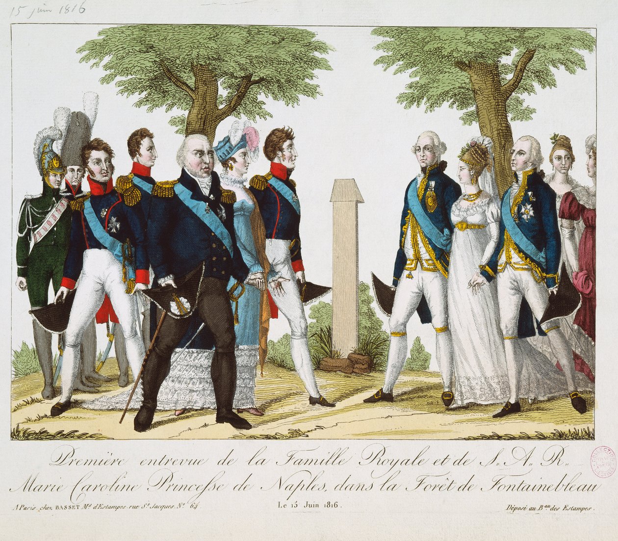 Das erste Treffen zwischen Louis XVIII (1755-1824) und Marie-Caroline-Ferdinande (1798-1870) von Bourbon, an der Croix de St. Herem im Wald von Fontainebleau, 15. Juni 1816, 1816-30 von French School