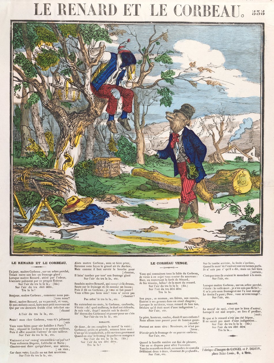 Der Fuchs und die Krähe, ca. 1840 (farbige Gravur) von French School