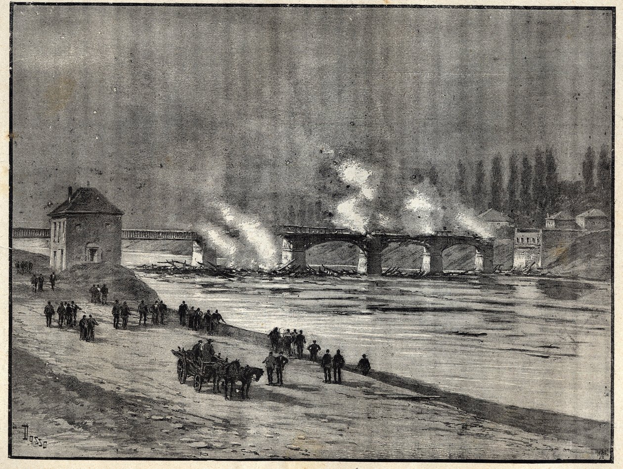 Der Deutsch-Französische Krieg - Die Verteidigung von Paris - Brand der Brücke von Asnières während der Belagerung (Verteidigung) von Paris - Gravur in 