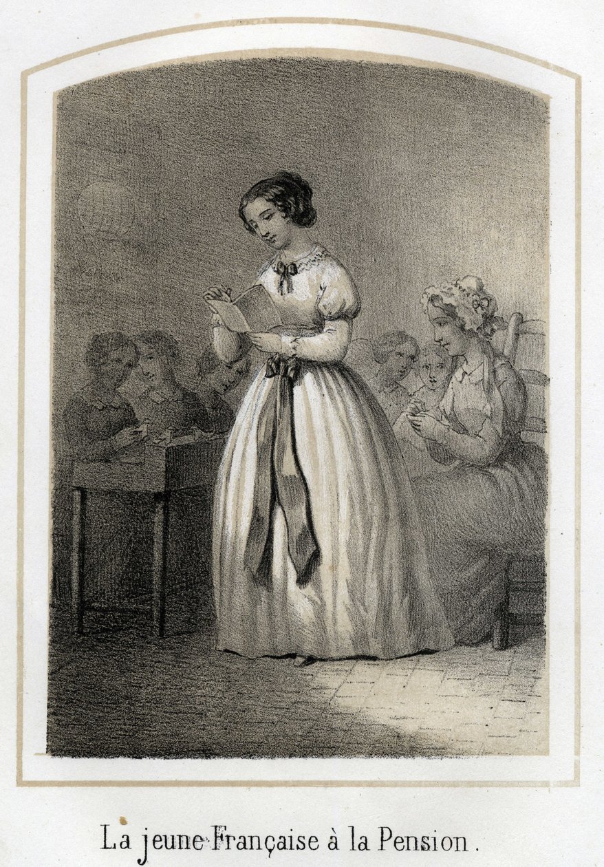 Das französische Mädchen liest ihren Klassenkameraden vor. Anonyme Gravur des 19. Jahrhunderts von French School
