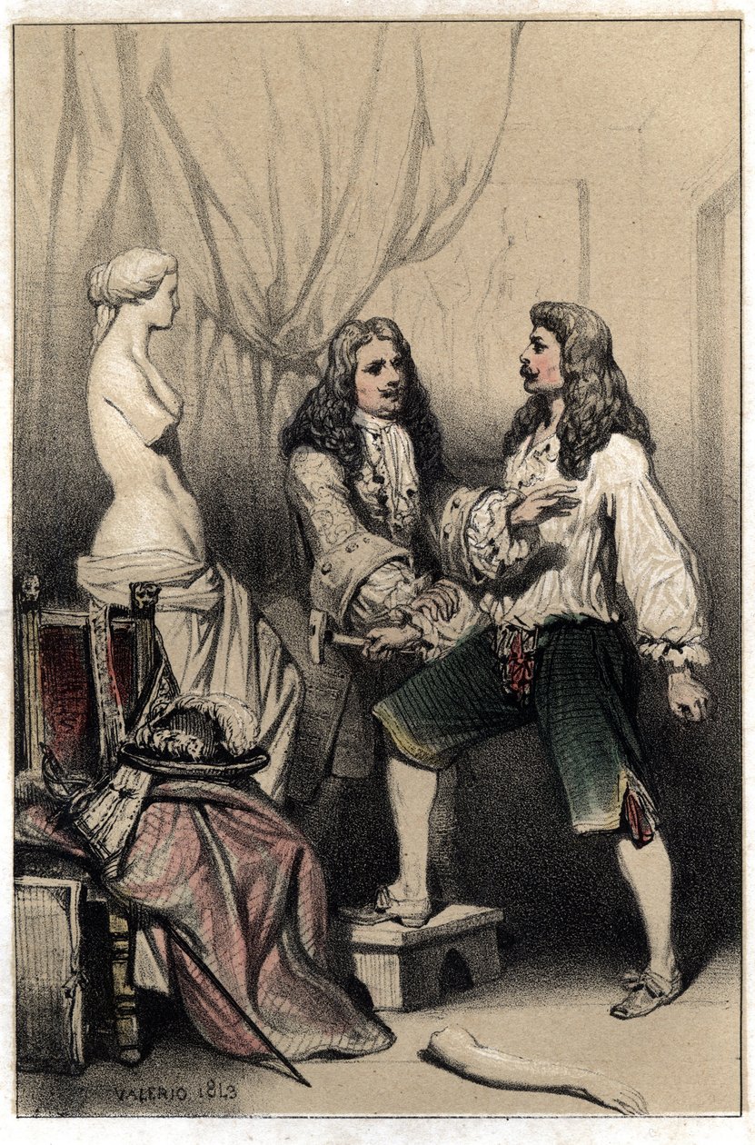 Der französische Bildhauer Pierre Puget (1620-1694) wurde verhaftet, weil er seine Venus nach dem mittelmäßigen Vorschlag seines Auftraggebers zu zerstören drohte. Platte aus „Szenen aus dem Leben berühmter Männer“, Gravur in zwei Farben von Valerio. 1843. von French School