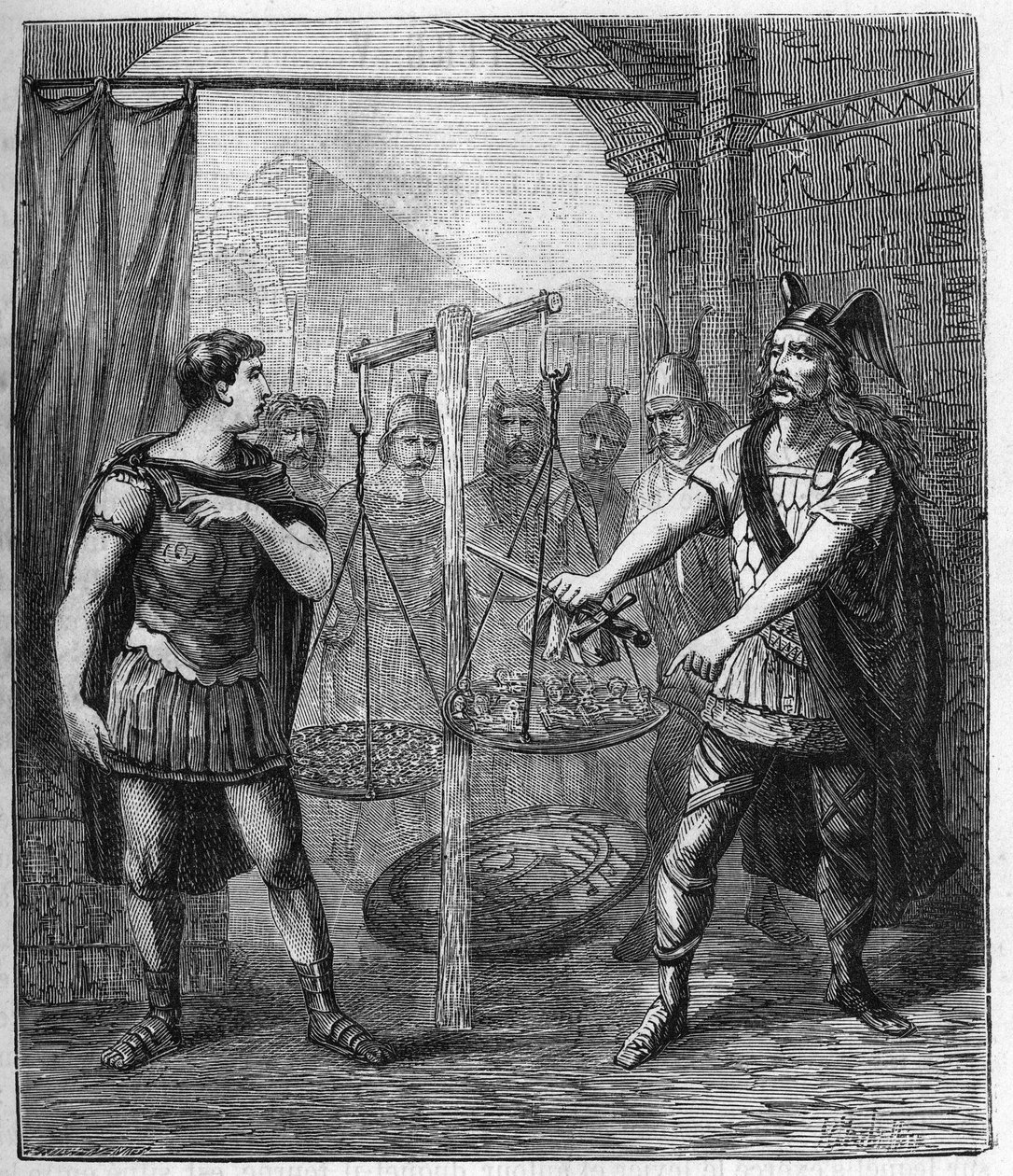 Der gallische Heerführer Brennos (Brennus) besiegt die Römer und verkündet das „Vae Victis“ (Wehe den Besiegten), Die Gallier forderten Lösegeld nach ihrer Eroberung Roms - Brennus, Anführer des gallischen Stammes der Senonen, spricht das verhängnisvolle V von French School